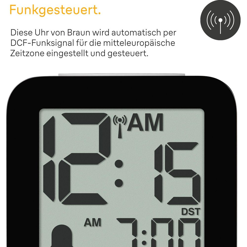Horloge numérique Braun affiche 12:15 AM et 7:00. Radiocommandée.