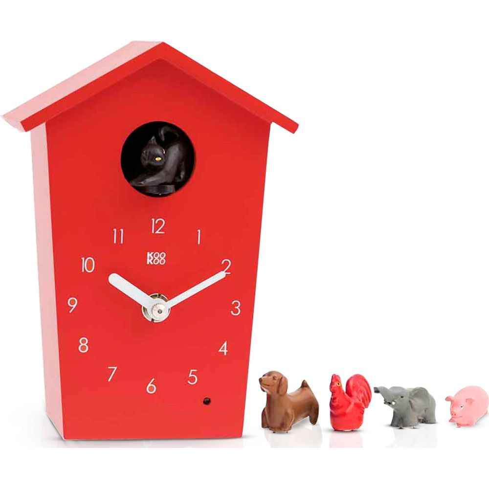 Horloge coucou rouge avec chat noir et miniatures d'animaux.