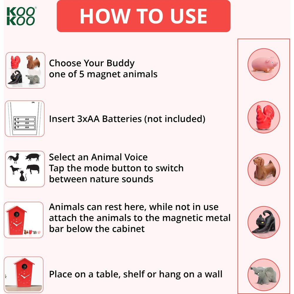 Instructions : Choisissez un animal, insérez les piles, sélectionnez la voix, rangez et placez.
