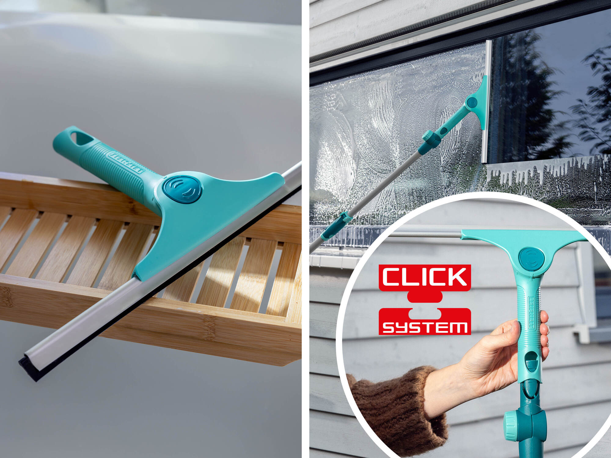 Türkiser Fensterabzieher auf Holzregal und am Fenster mit Stiel.