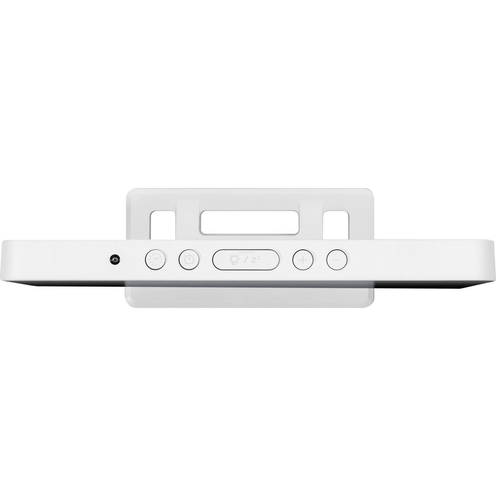 Appareil blanc avec commandes : icône haut-parleur, deux cercles, soleil/zzz, plus, cercle.