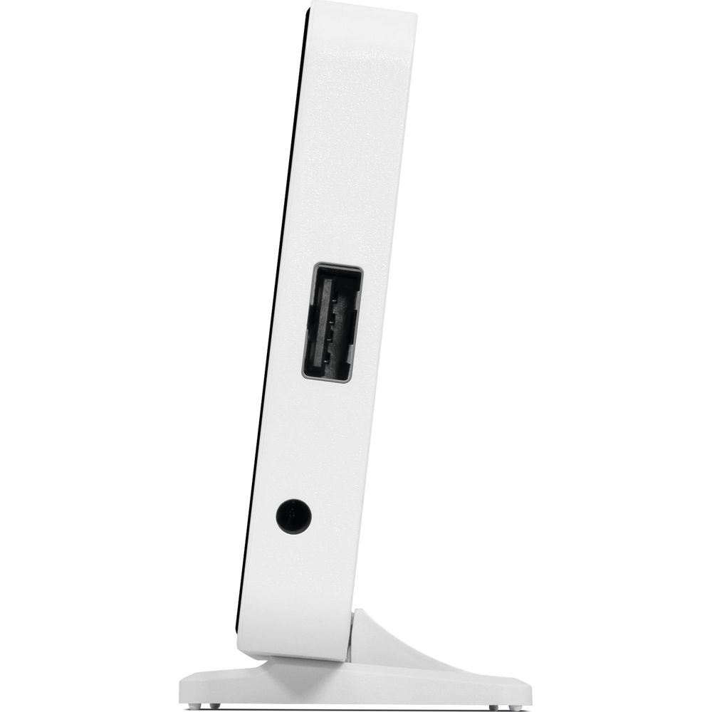 Électronique rectangulaire blanche sur un support avec ports USB et ronds.