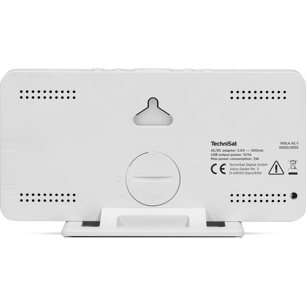 Dos d'un appareil blanc montrant les ports et les informations du fabricant.