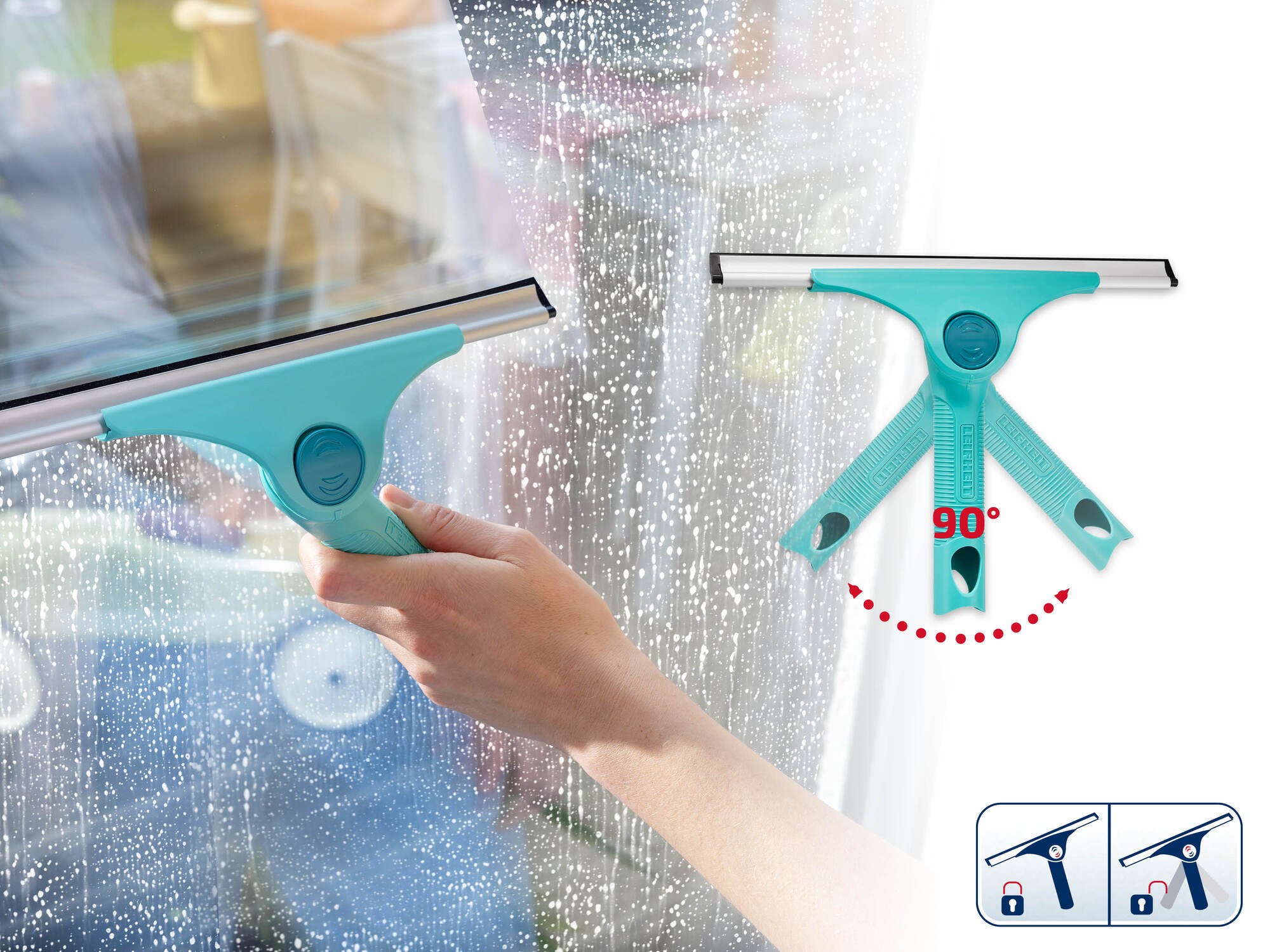 Ein Handgriff reinigt das Fenster. Ein weiteres zeigt die 90-Grad-Funktion.