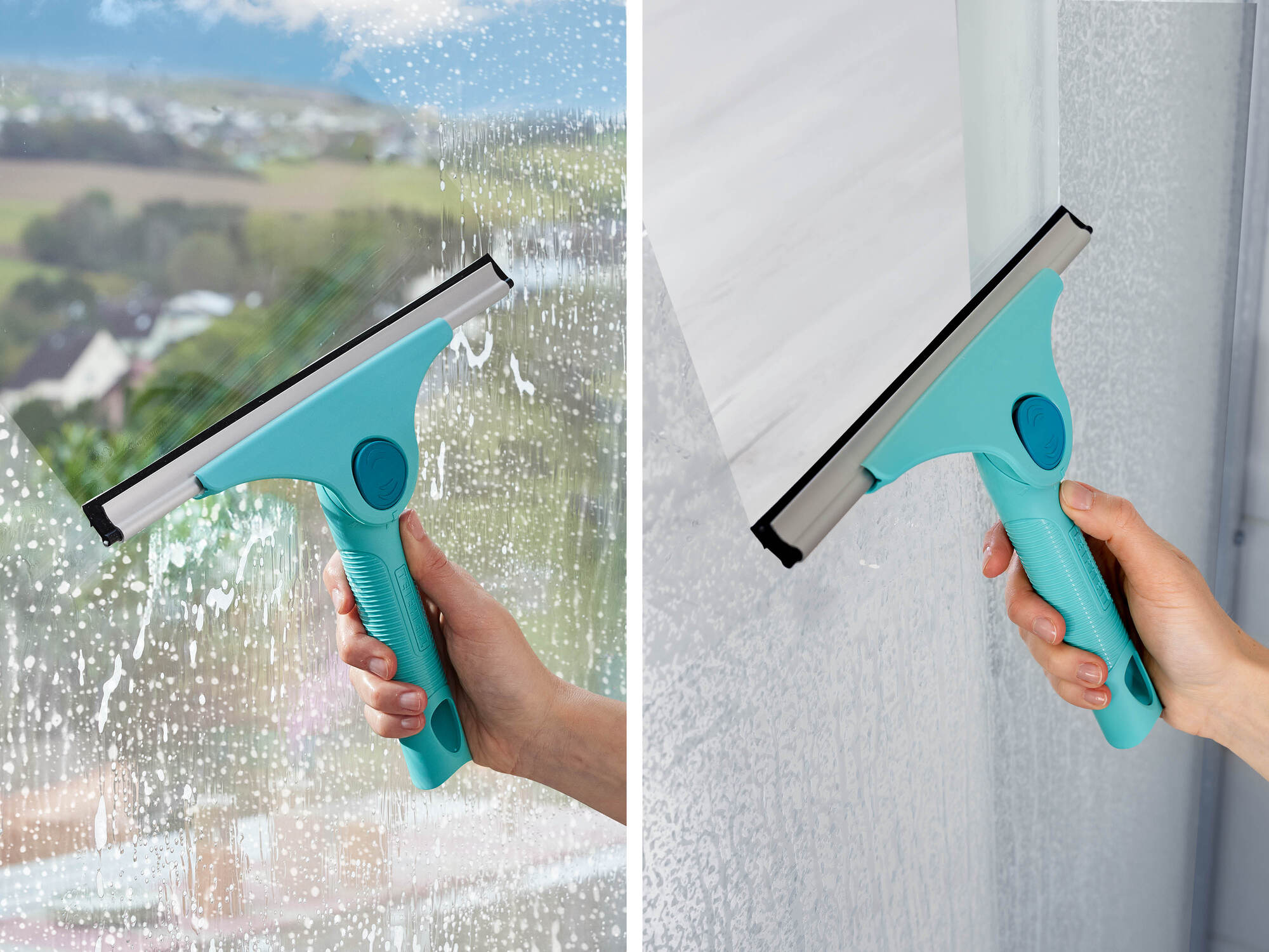 Ein blauer Fensterabzieher wird zum Reinigen von Fenstern verwendet.