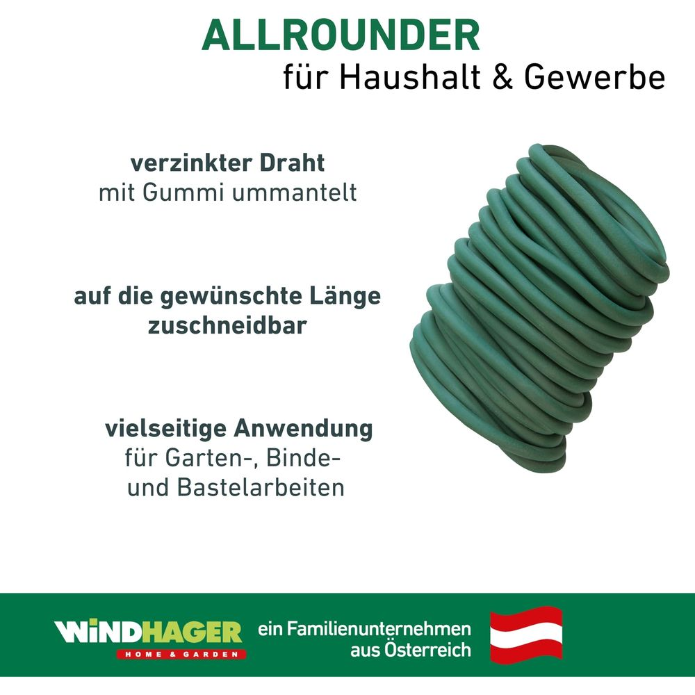 Grünes, gummiummanteltes Drahtseil aufgerollt. Text über Anwendung.