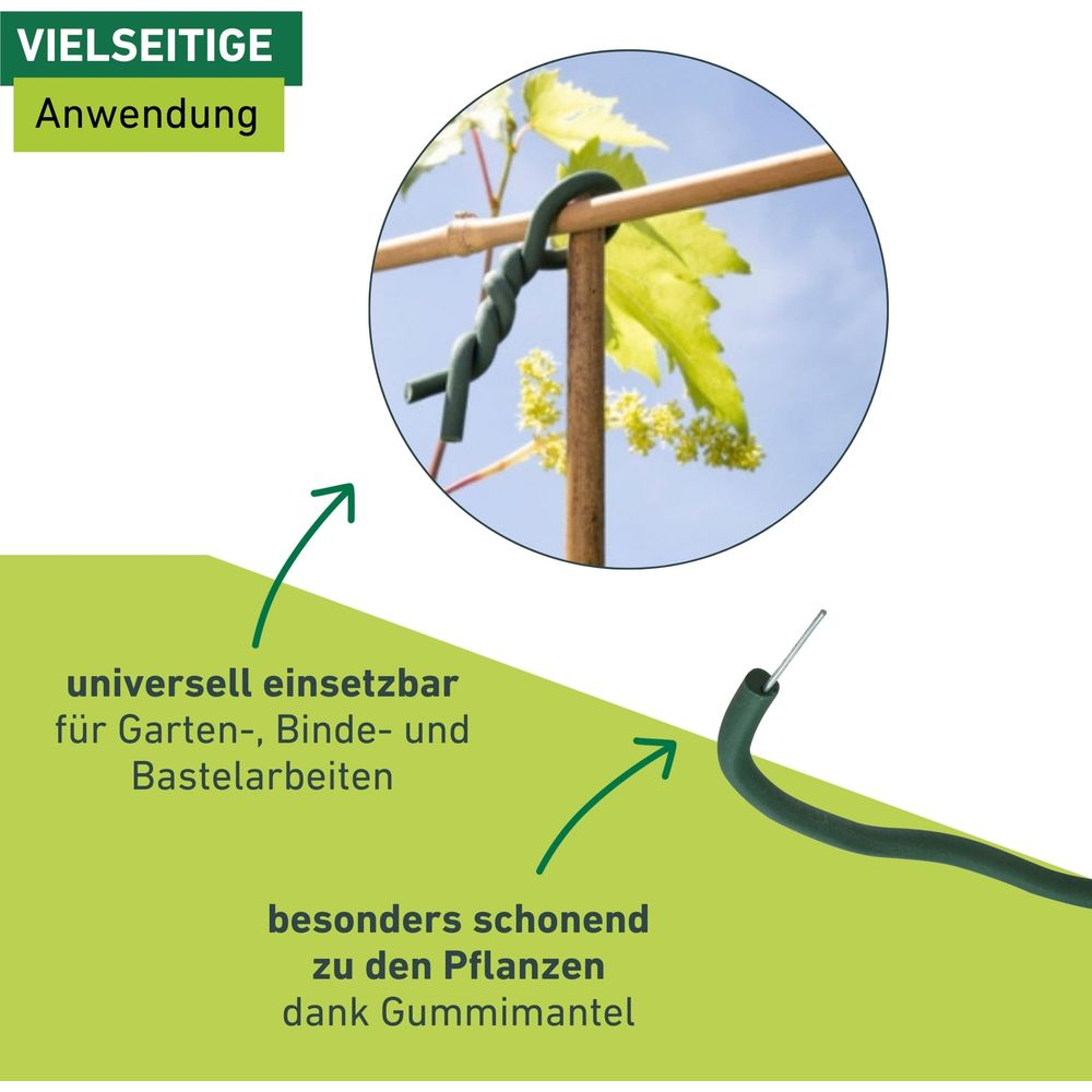 Grüner Draht um Holzstab und Pflanzen gebunden, mit Text.