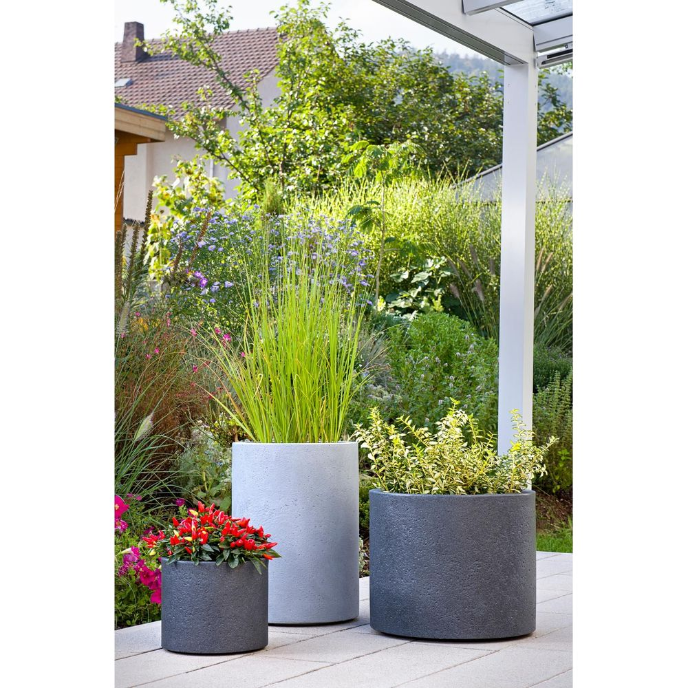 Drei runde Übertöpfe mit Pflanzen auf einer Terrasse, mit Haus und Garten im Hintergrund.