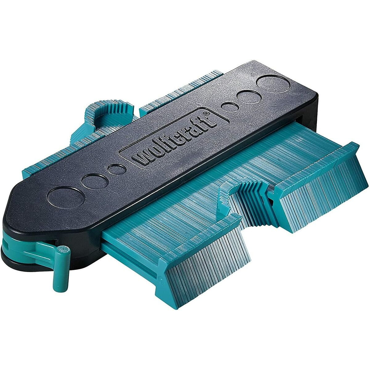 Un duplicatore di contorni blu con manico nero e molti perni sottili.