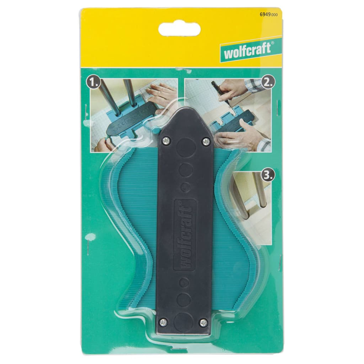 Spessimetro Wolfcraft con 3 esempi di applicazione sulla confezione.