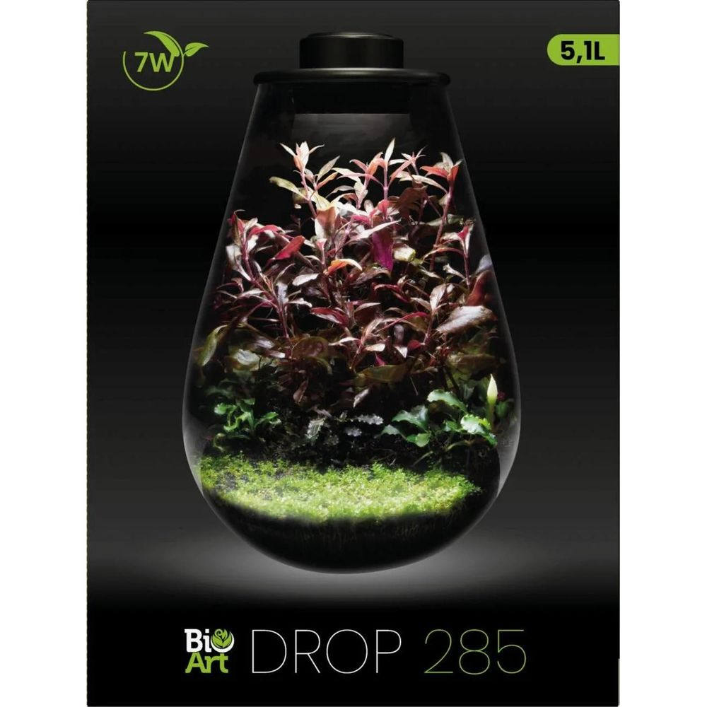 Ein tropfenförmiges Aquarium mit roten und grünen Pflanzen, 7W, 5,1L.
