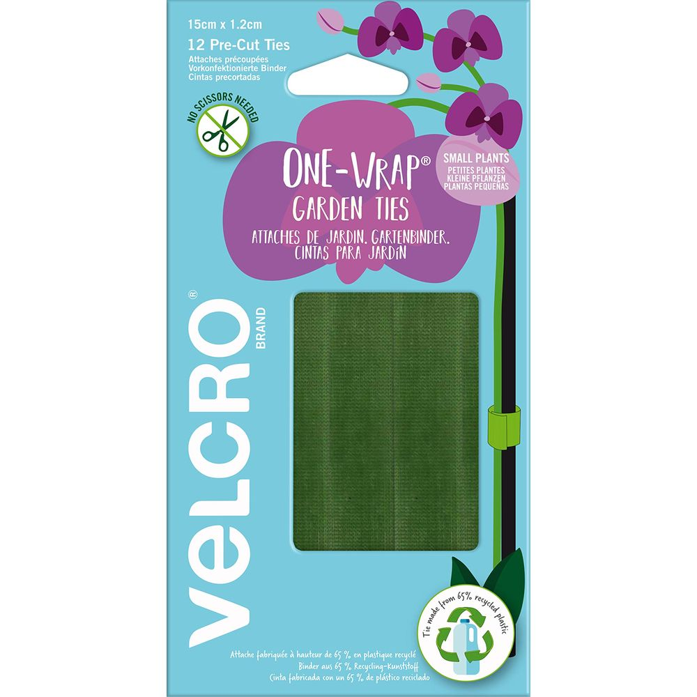 Verpackung für grüne Klett-Gartenschleifen, mit Orchideen und Produktinformationen.