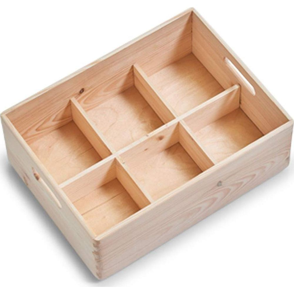 Holzkiste mit sechs Fächern und Griffen an den Seiten.