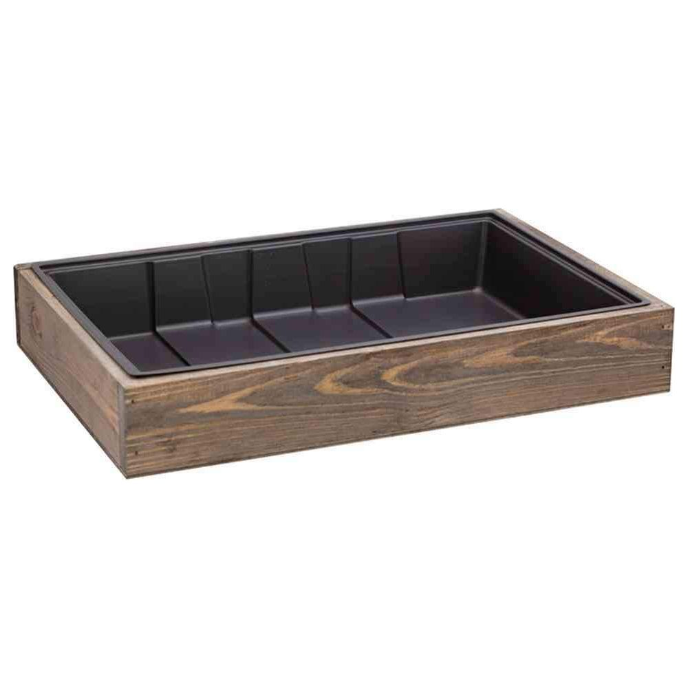 Holzkiste mit schwarzem Einsatz und Unterteilungen.
