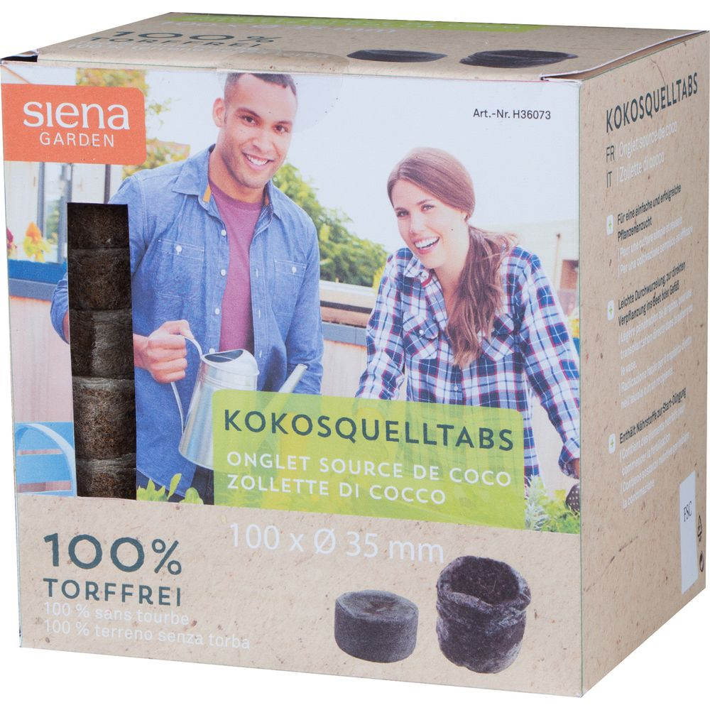 Verpackung mit Kokosquelltabs, einem Paar und Text.