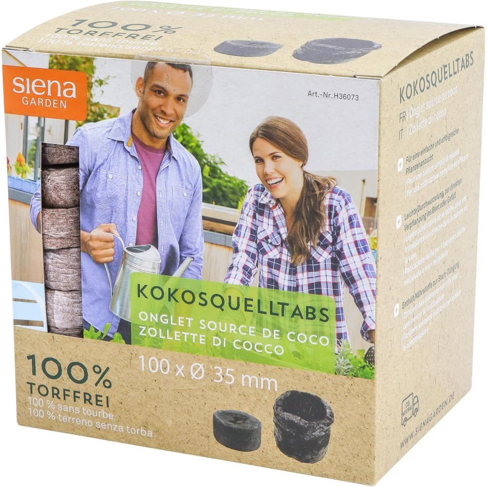 Verpackung von Kokosquelltabs mit einem Mann mit Gießkanne und Frau. Torffrei.