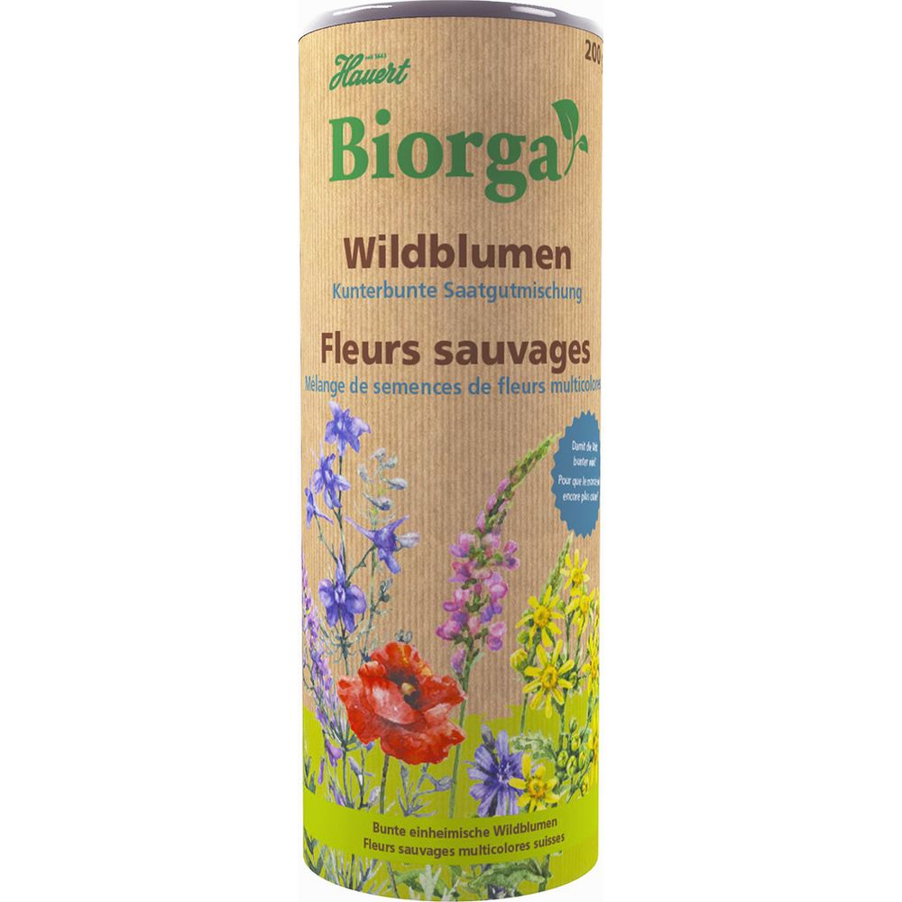 Biorga Wildblumen Saatgutmischung mit bunten Blumen auf der Verpackung.
