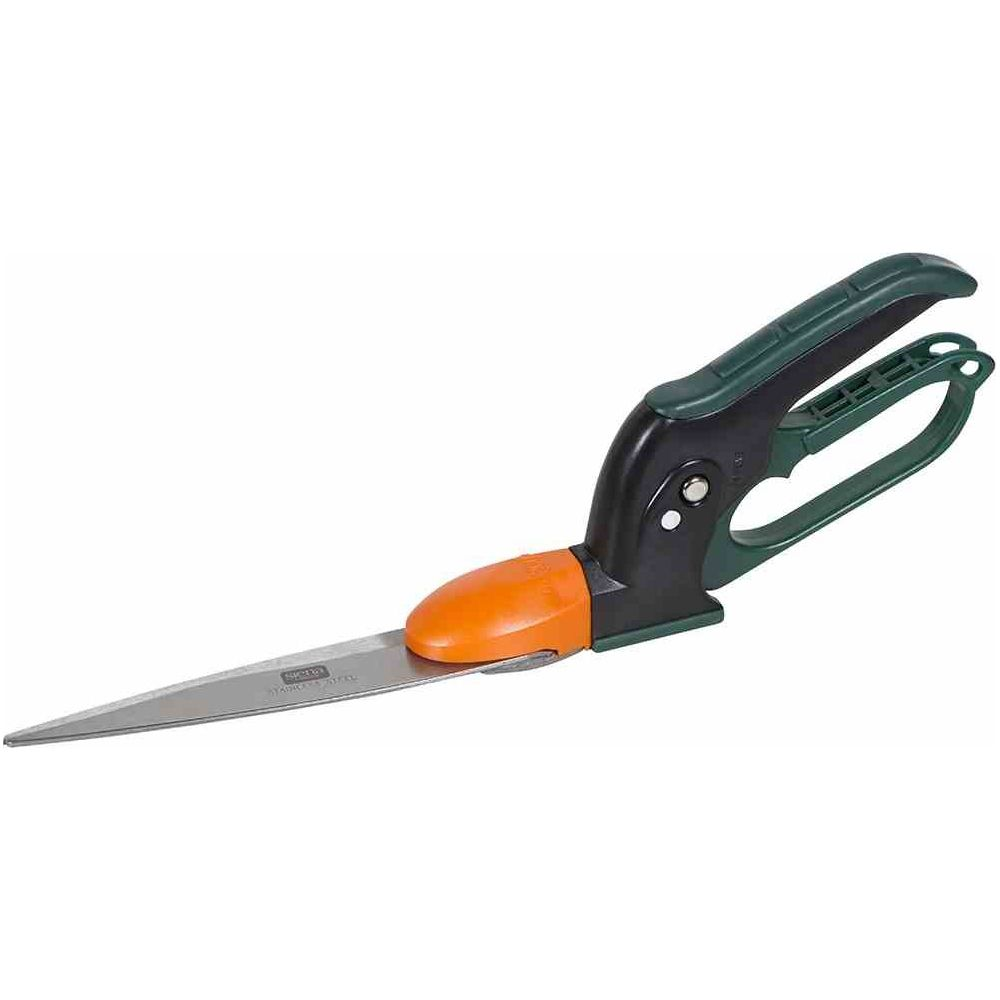 Grüne und schwarze Gartenschere mit orangefarbener Spitze und langer Klinge.