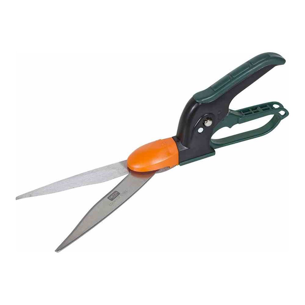 Eine Gartenschere mit orangem und schwarzem Griff und Messern aus Edelstahl.