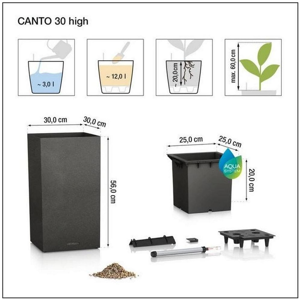 Schema von Hochbeet CANTO 30 mit Maßen und Komponenten.