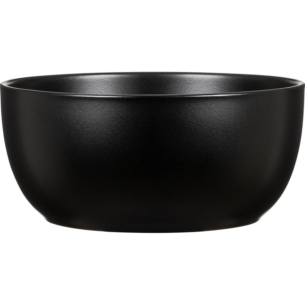 Eine schwarze, matte Schüssel mit abgerundeten Seiten und einer glatten Oberfläche.
