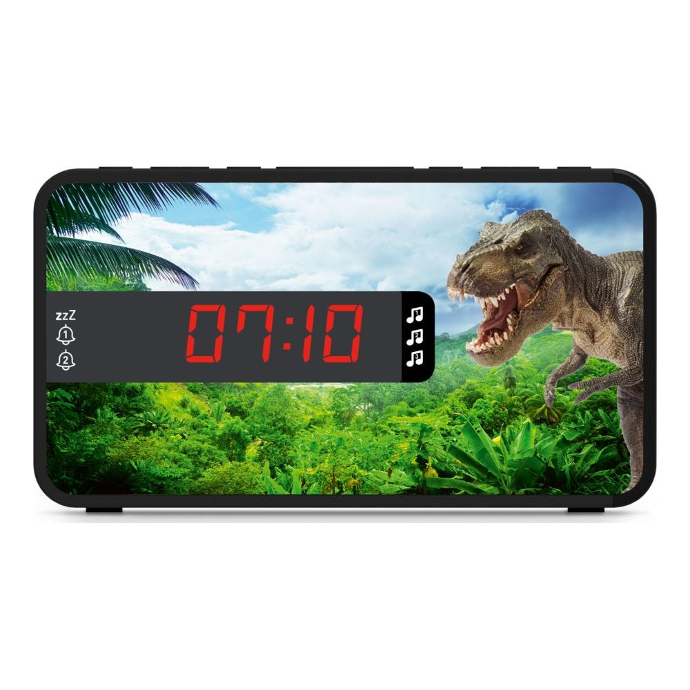 Horloge numérique affiche 07:10 avec un T-Rex et fond de jungle.