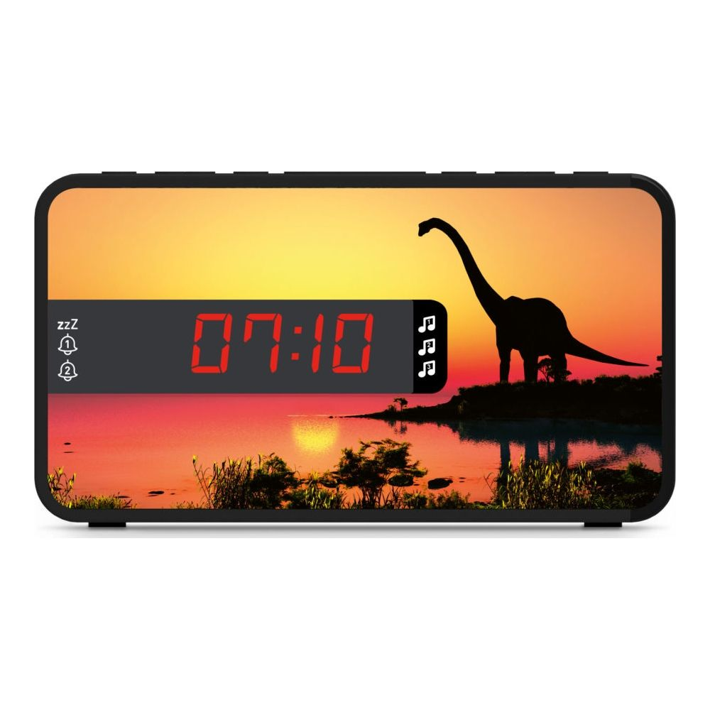 Horloge numérique affiche 7:10 avec silhouette de dinosaure et coucher de soleil.