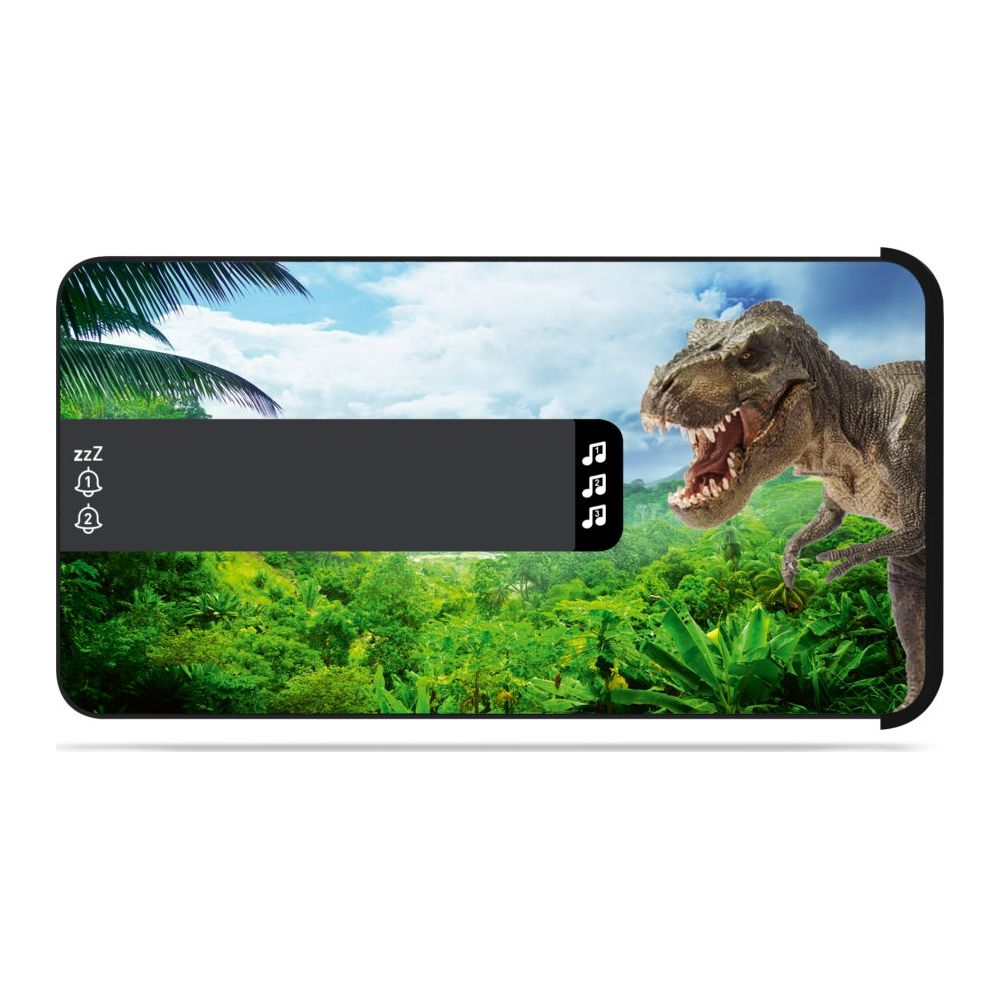 Un dinosaure T-Rex se dresse dans une jungle luxuriante sous un ciel nuageux.