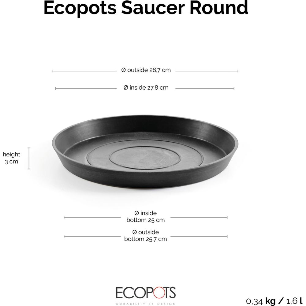 Runde schwarze Ecopots Untertasse. Maße: 28,7 cm außen, 27,8 cm innen.