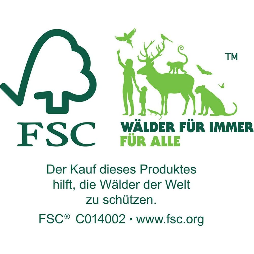 FSC-Logo mit Baum, Menschen, Hirsch, Katze, Affe, Vögeln. Text über Wälder.