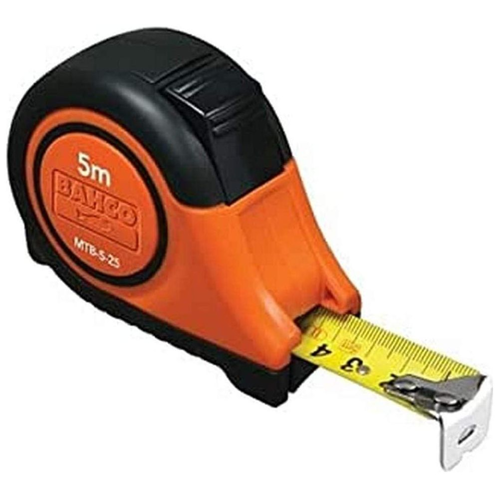 Un mètre ruban orange et noir avec un ruban jaune déployé.