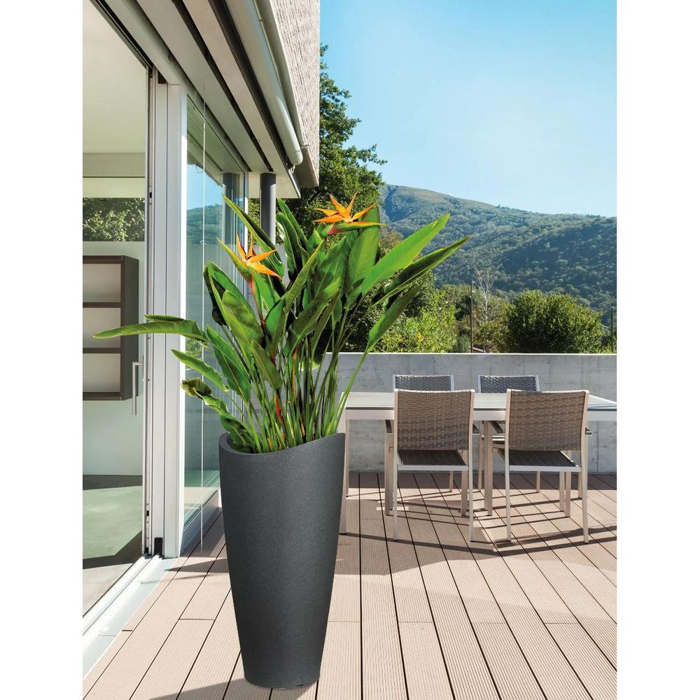 Hohe Pflanze mit orangen Blüten in einem dunklen Topf auf einer Terrasse mit Tisch und Stühlen.