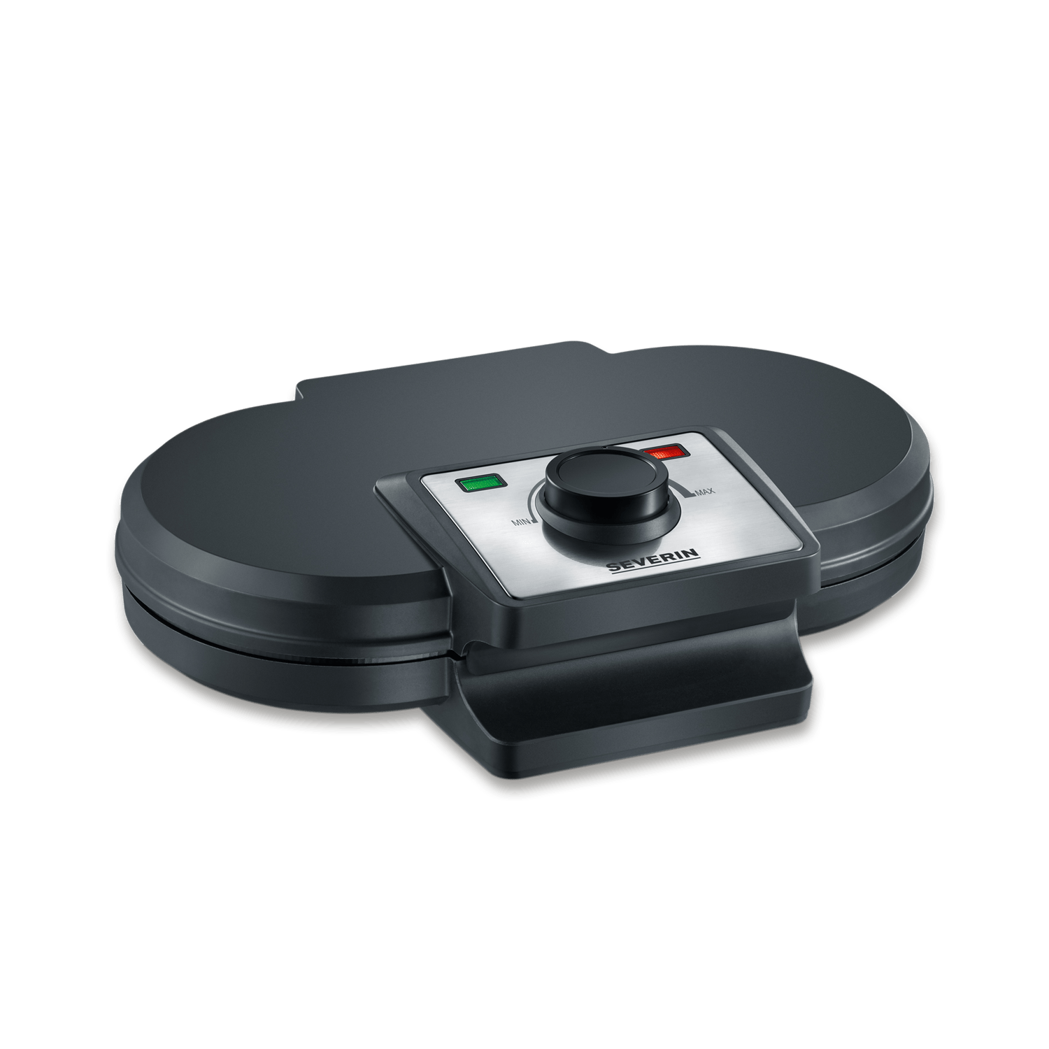 Zamknięta, ciemna gofrownica z czarnym pokrętłem i lampkami kontrolnymi.