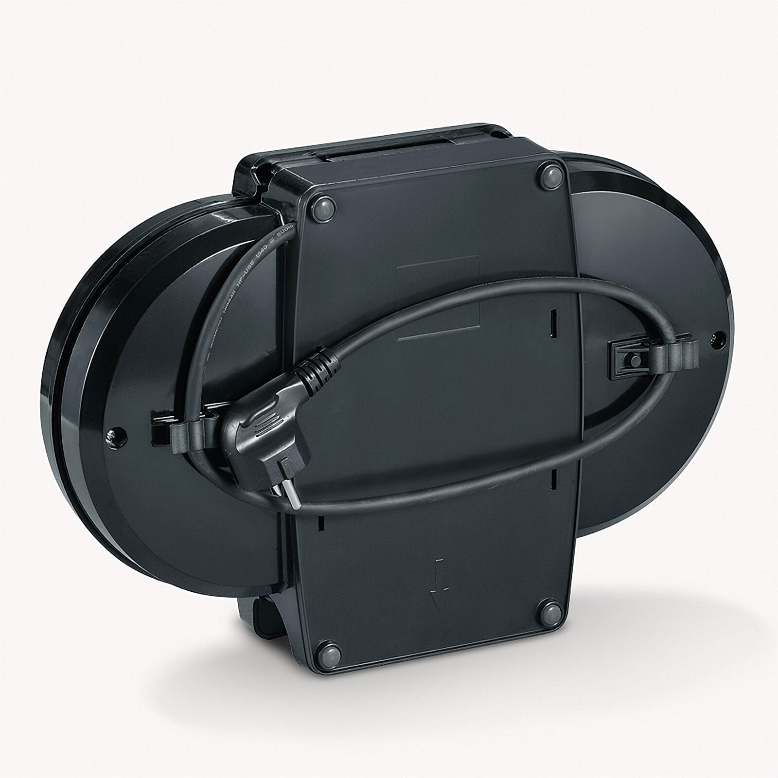 Czarny kabel z wtyczką, nawinięty na czarny bęben kablowy z uchwytem.