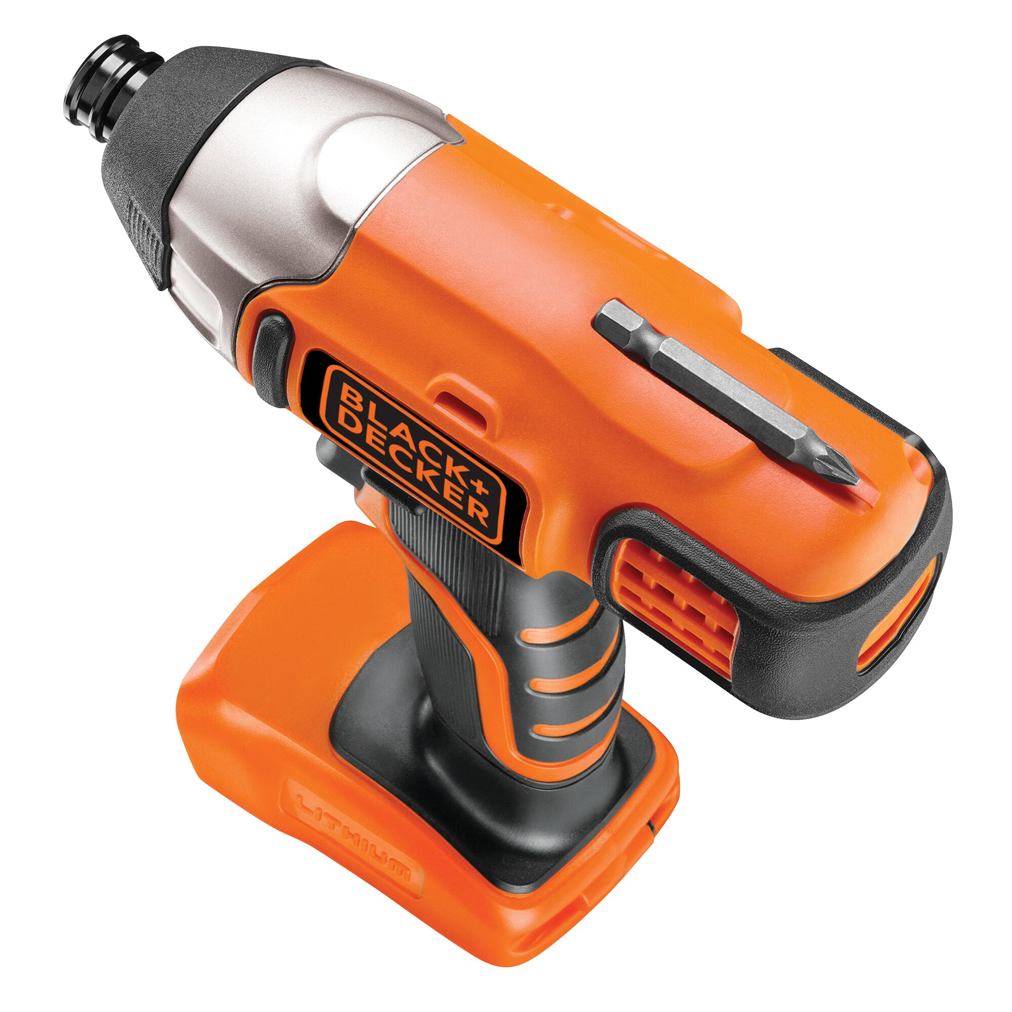 Un avvitatore a percussione Black+Decker arancione con inserto su sfondo bianco.