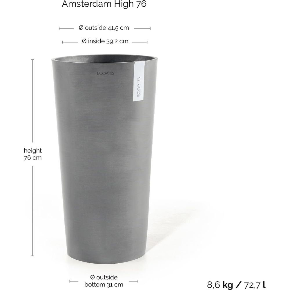 Pot haut gris, H 76cm, Ø 41,5cm haut, Ø 31cm bas, 8,6kg/72,7l.