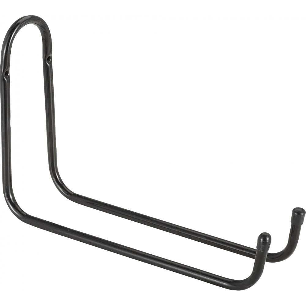 Ein schwarzer Doppelhaken aus Metall mit gebogenem Oberteil und zwei horizontalen Armen.