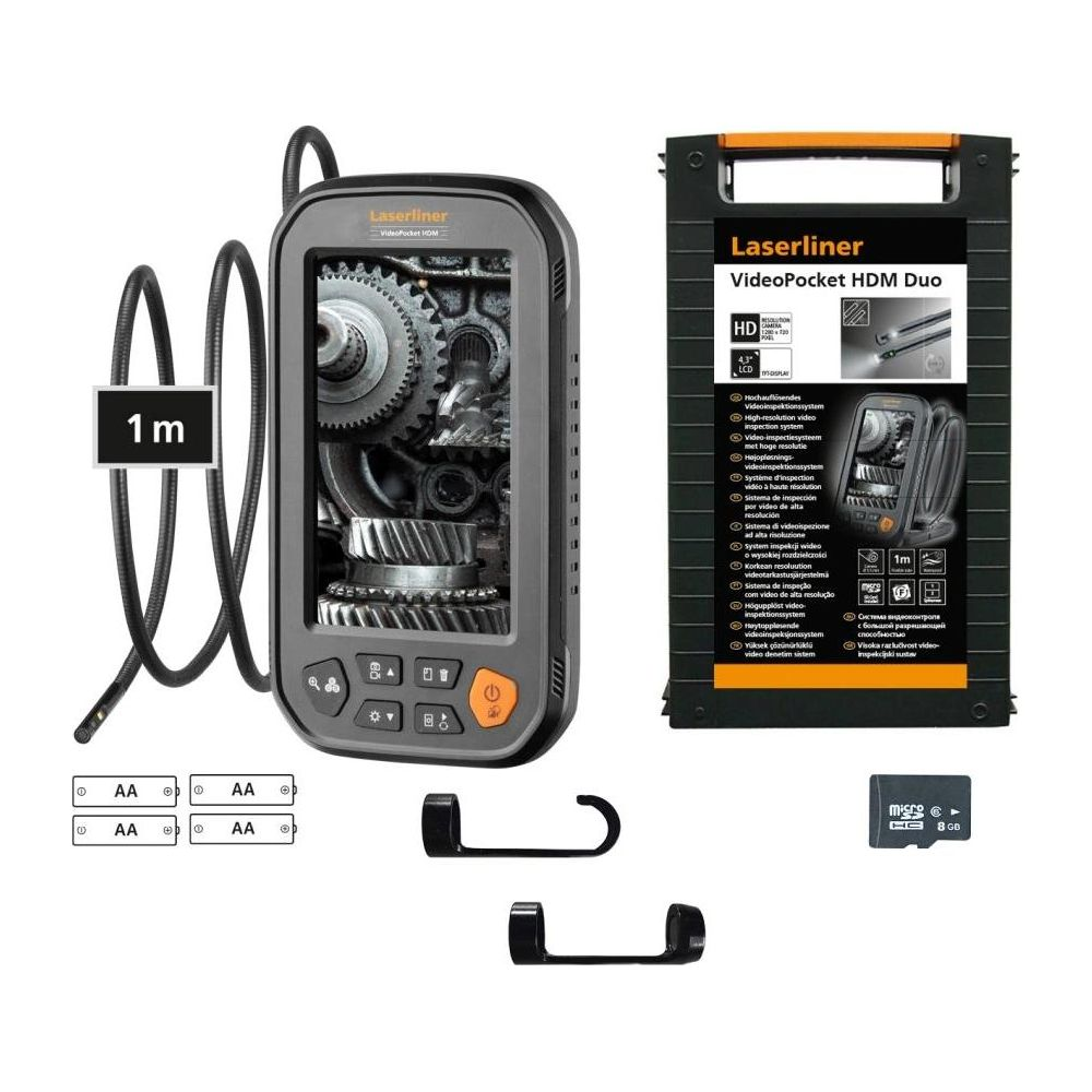 Laserliner VideoPocket HDM Duo avec accessoires : caméra d'inspection, adaptateur, carte SD.