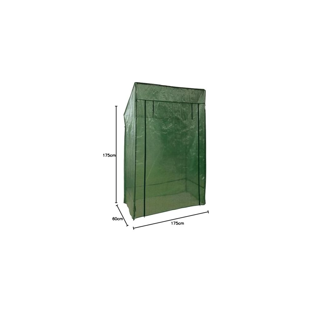 Ein grünes Gewächshaus mit Maßen 175x60x175cm auf weißem Hintergrund.
