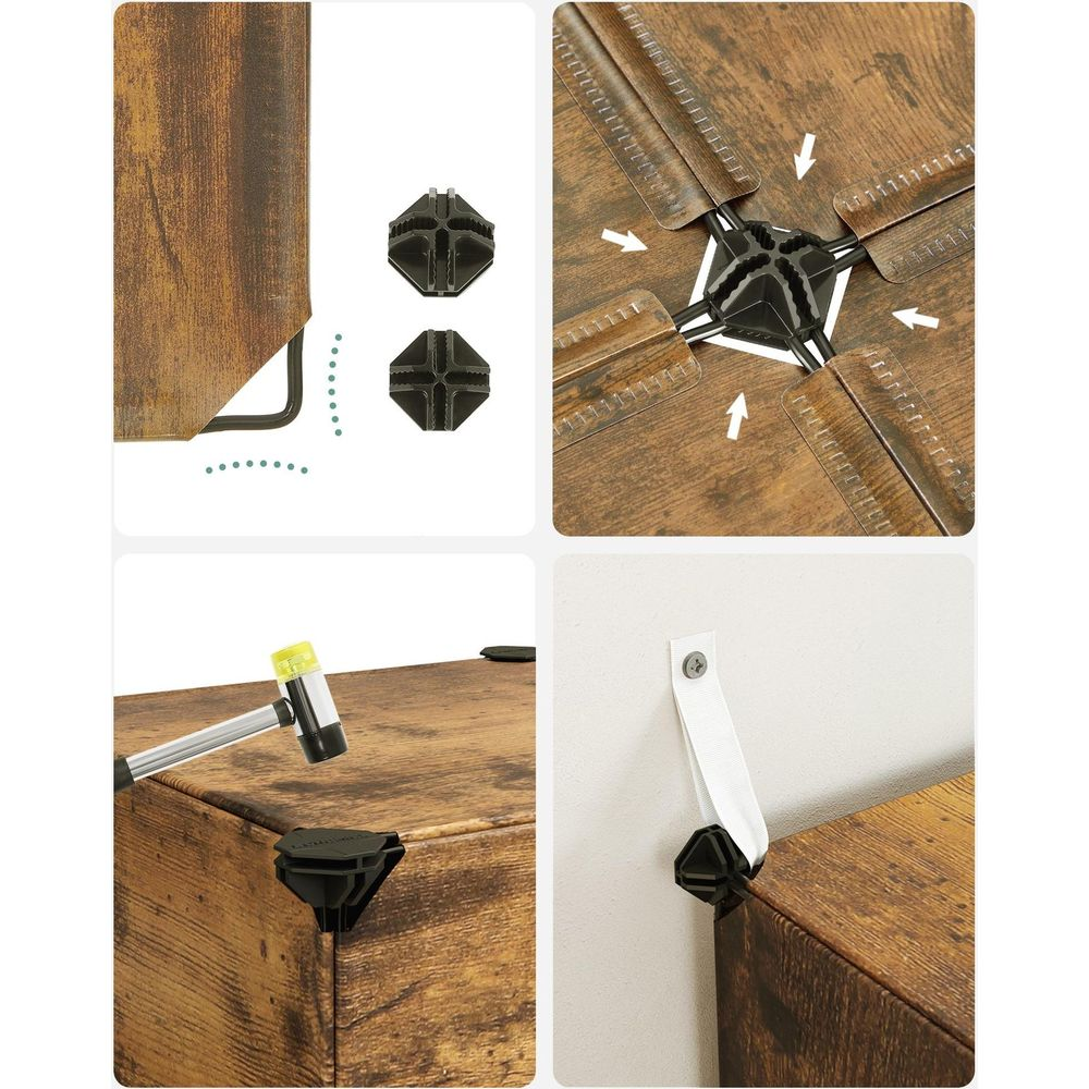 Montageanleitung für Holzmöbel: Eckverbinder, Hammer und Wandbefestigung.