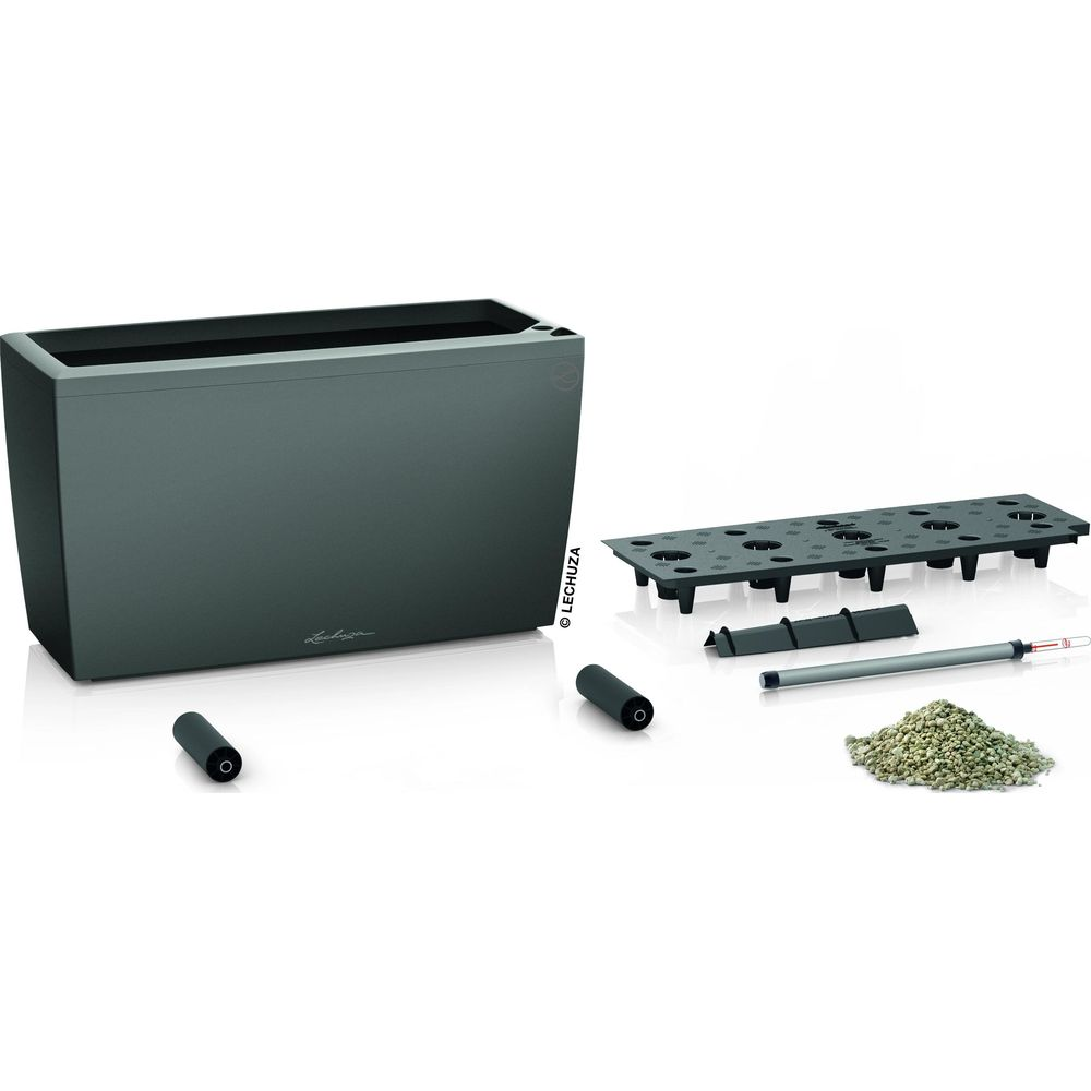 Jardinière grise avec accessoires : insert, indicateur de niveau d'eau, granulés.