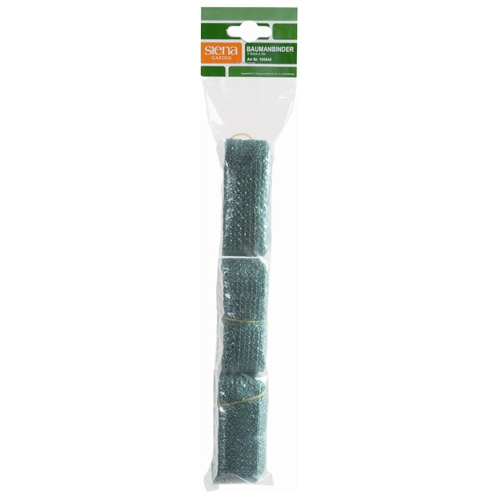 Verpackung mit drei grünen Baumbindern, die mit Gummibändern zusammengehalten werden.