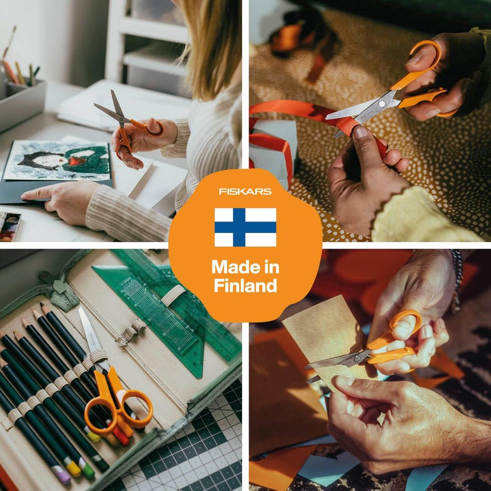Fiskars Scheren bei der Arbeit: Kunst, Geschenke, Basteln. Hergestellt in Finnland.