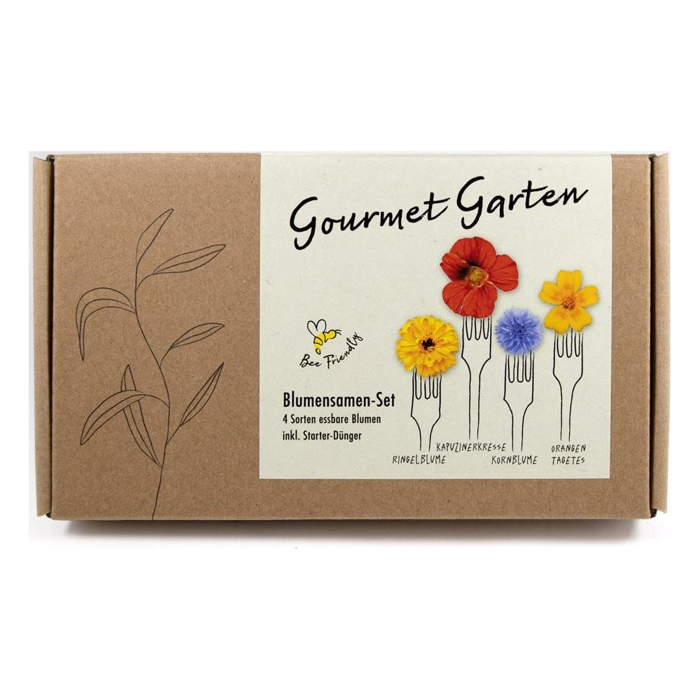 Ein Karton mit essbaren Blumensamen für Gourmet Garten.