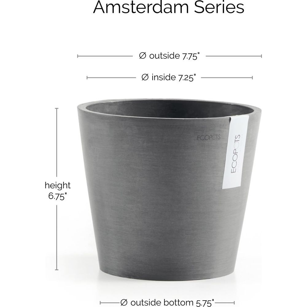 Ein grauer ECOPOTS-Pflanzkübel mit Maßen: Höhe 6,75", Außendurchmesser 7,75"