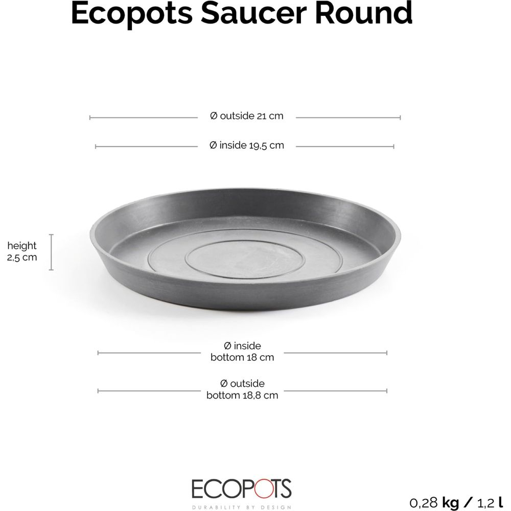 Graue Ecopots Untertasse, 21cm außen, 19.5cm innen, 2.5cm hoch.