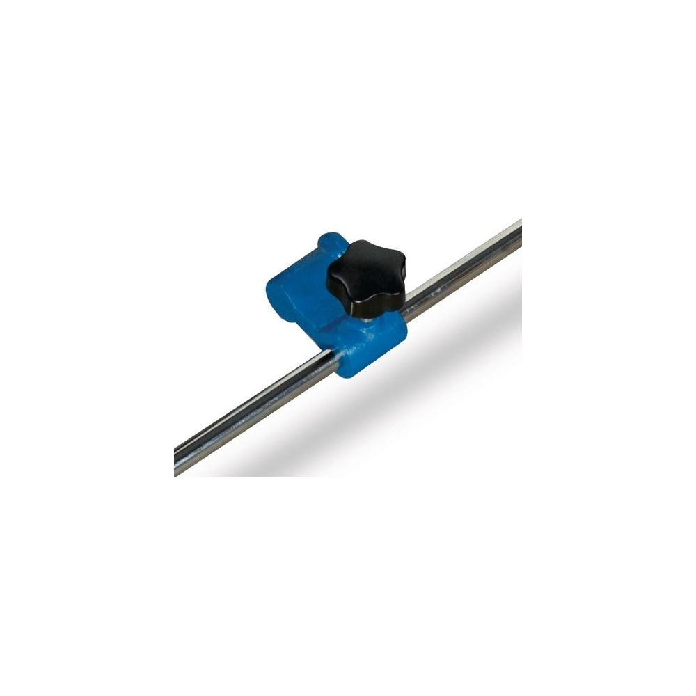 Ein blauer Klemmsattel mit schwarzem Sternknopf auf einer Metallstange.