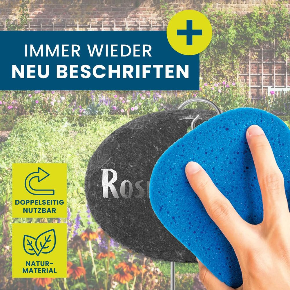 Blauer Schwamm reinigt schwarzen Stein mit der Aufschrift „Ros“.