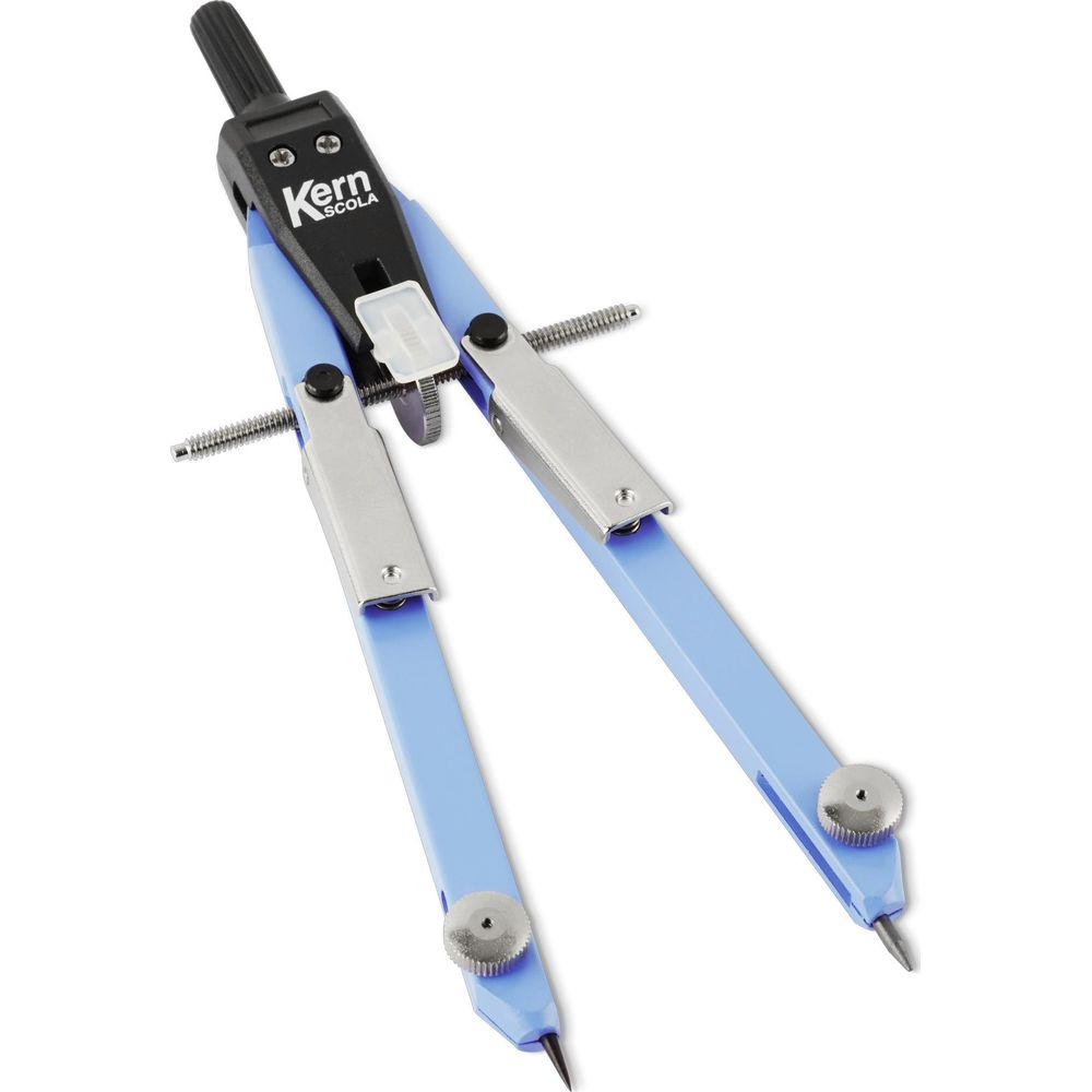 Un compasso da disegno Kern Escola blu con accenti argento e manico nero, su sfondo bianco.