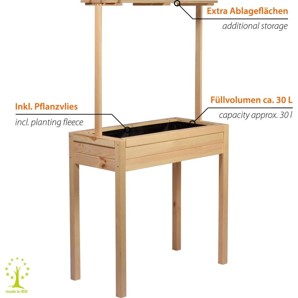 Ein hölzerner Hochbeet mit zusätzlichem Stauraum und Pflanzvlies, 30 L Kapazität.